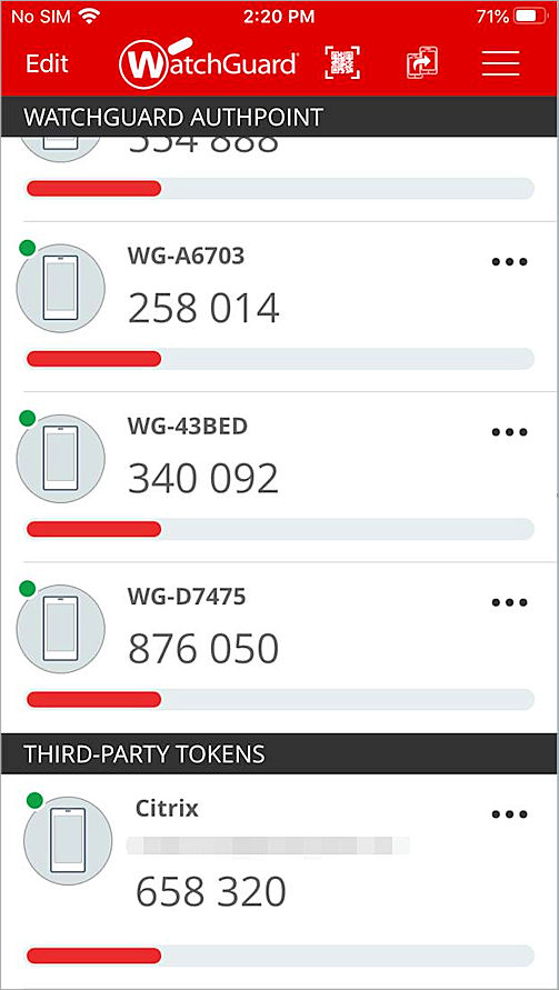 Screen shot of the AuthPoint Mobile app
